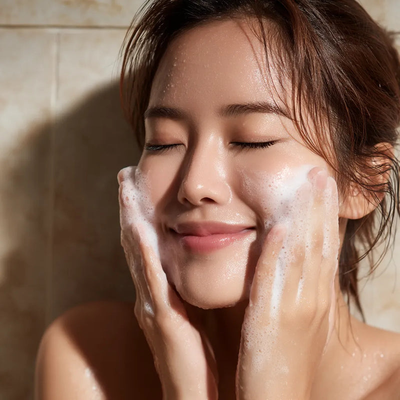Femme nettoyant son visage avec une mousse blanche douce, dans une lumière naturelle et une ambiance spa, illustrant la pureté et la fraîcheur des soins nettoyants haut de gamme. collection