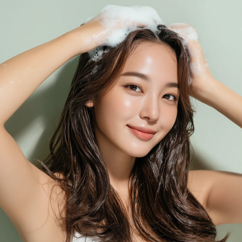 Femme très belle appliquant un soin capillaire coréen nourrissant sur ses longueurs, cheveux brillants, texture crémeuse visible, lumière naturelle et ambiance spa premium. collection