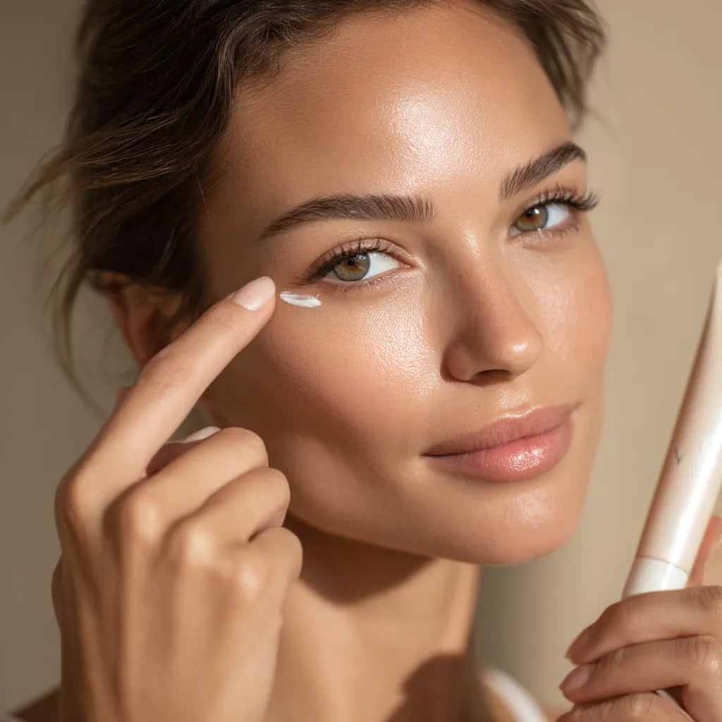 Femme méditerranéenne très belle tapotant délicatement le contour de ses yeux dans une lumière douce, illustrant le soin des yeux haut de gamme coréen.