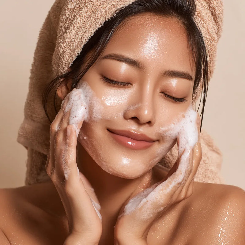 Femme très belle nettoyant son visage avec une mousse blanche douce, yeux fermés, visage apaisé, dans une lumière spa coréenne élégante et naturelle. collection
