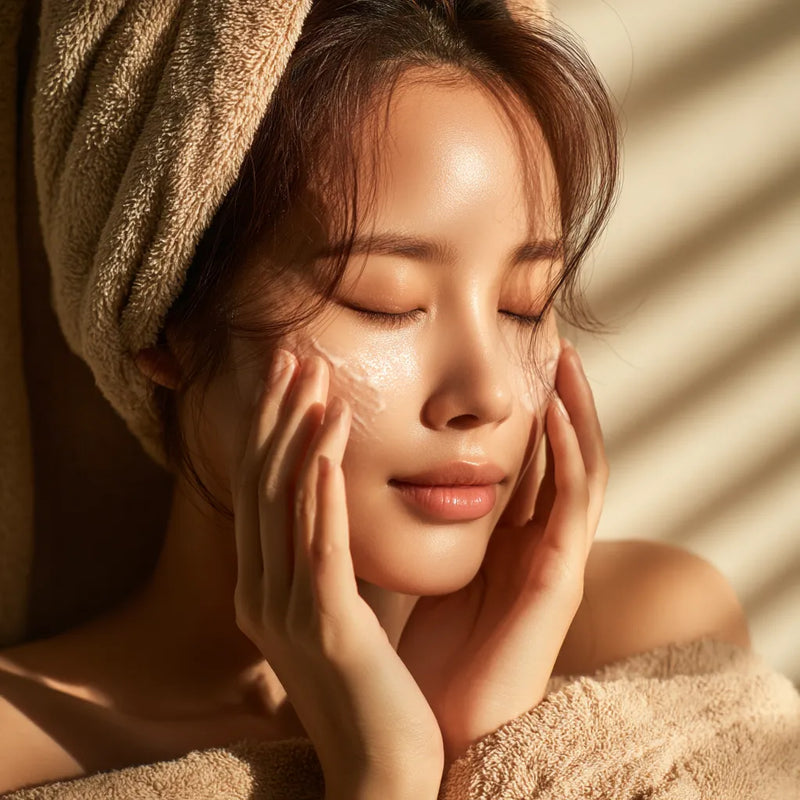 Femme apaisée massant une crème hydratante riche sur ses joues dans une ambiance spa, évoquant le confort intense et la nutrition de la peau sans packaging visible. collection