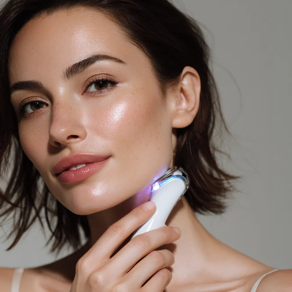 Femme très belle utilisant un appareil beauté élégant sur son visage, ambiance lumineuse et futuriste, illustrant la technologie skincare premium coréenne.