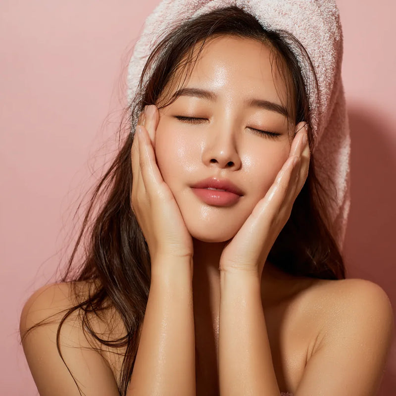 Jeune femme apaisée posant ses mains sur ses joues dans une lumière douce, illustrant la sensibilité de la peau et l'effet calmant des soins visage haut de gamme. collection