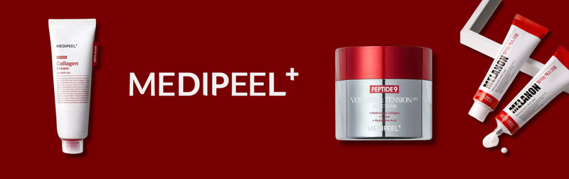 abnniere medipeel avec un fond rouge et diffèrent produit a droite et a gauche avec écrit au milieu medipeel collection
