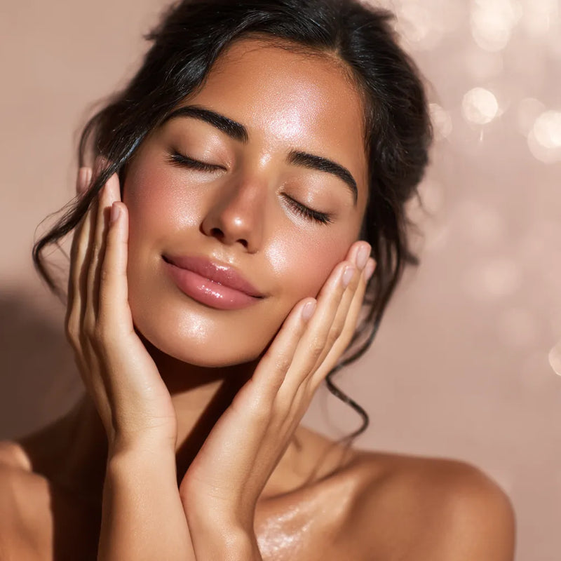 Femme très belle au teint lumineux posant ses mains sur ses joues dans une lumière douce, illustrant la confiance et la qualité des soins best-sellers de la cosmétique coréenne. collection