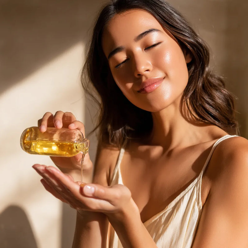 Femme méditerranéenne très belle versant une huile nettoyante dorée dans sa main depuis un flacon neutre, lumière spa douce et ambiance soin haut de gamme coréen. collection