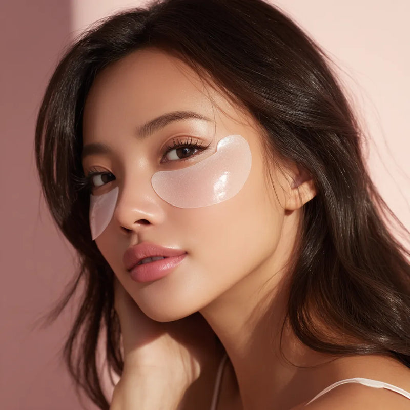 Femme très belle portant des patchs hydrogel transparents sous les yeux et sur les joues, lumière douce et ambiance spa élégante, illustrant un soin ciblé coréen de luxe. collection