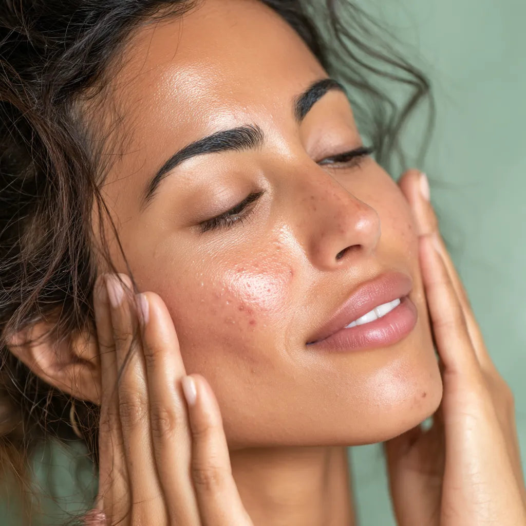 Femme très belle avec quelques marques d’acné visibles, appliquant un sérum apaisant sur son visage dans une lumière douce et une ambiance spa coréenne haut de gamme.