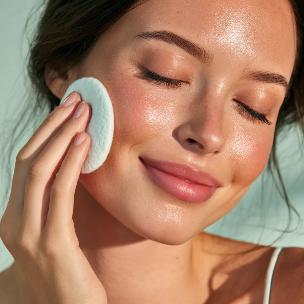 Femme très belle utilisant un pad soin rond sur sa joue, dans une lumière naturelle douce, illustrant un geste purifiant et hydratant de la routine coréenne premium.